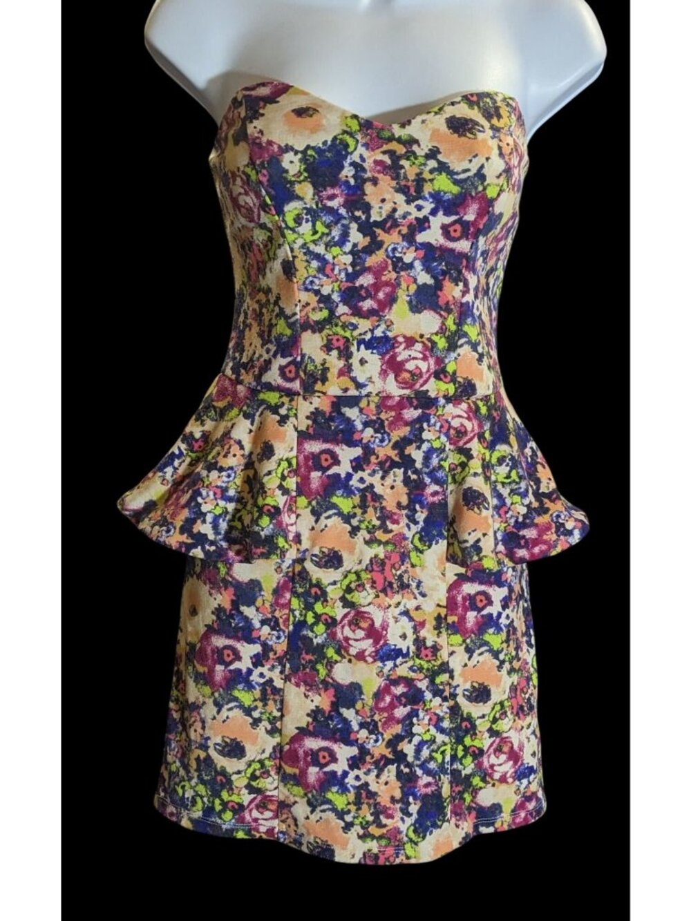 Vintage Material Girl Floral Dress Strapless Peplum Mini Rainbow Party